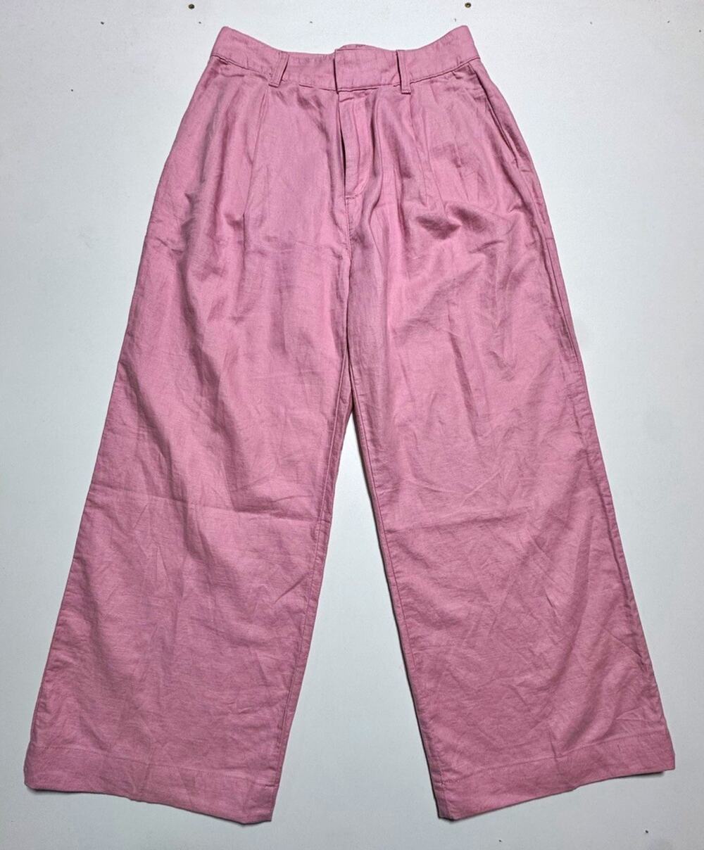 GAP Pink Linen-Cotton High Rise Pleated Wide-Leg Pants w/ Pockets